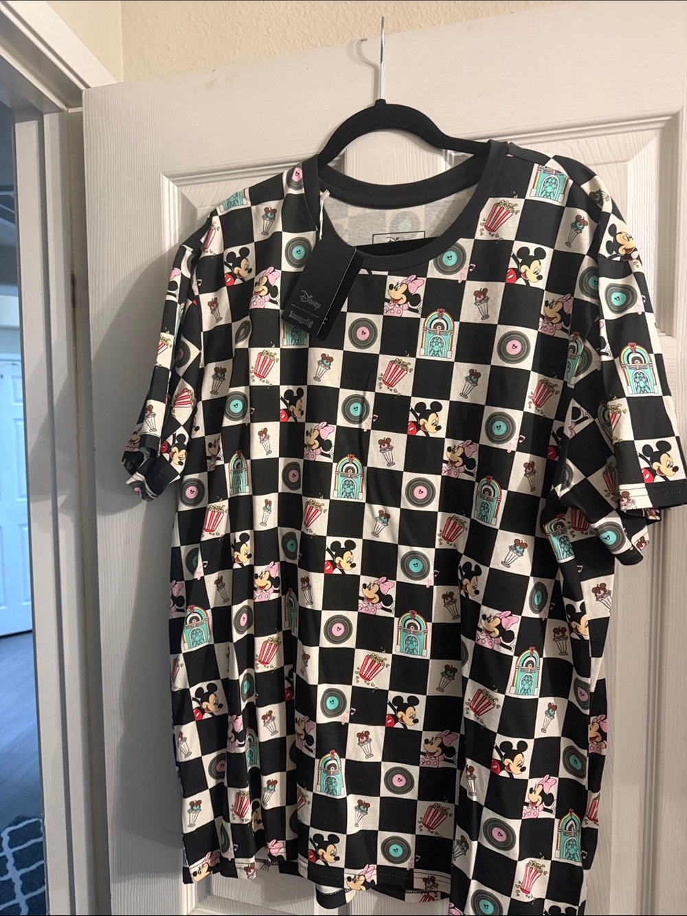 Disney Black White Checkered Tee with Mint and Pink Accents